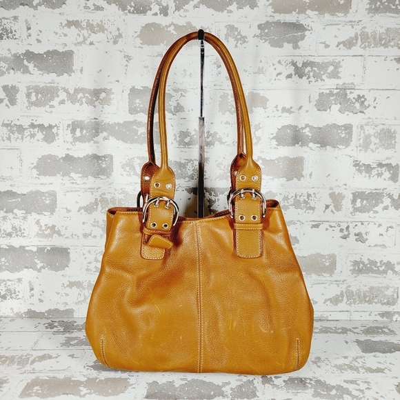 Tignanello Brown Mustard Pebbled Leather Buckles Zip Double Handled Handbag 0912 - Picture 1 of 13